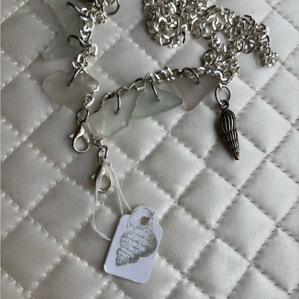 Silver Dual Necklace Eyeglass Holder with Sea Glass and Shell Charms 28”